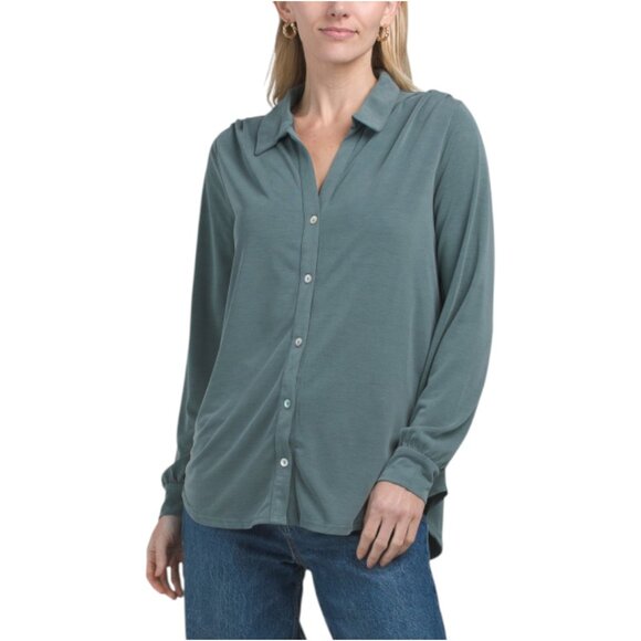 GREEN ENVELOPE Long Sleeve Button Up Top - Picture 1 of 3